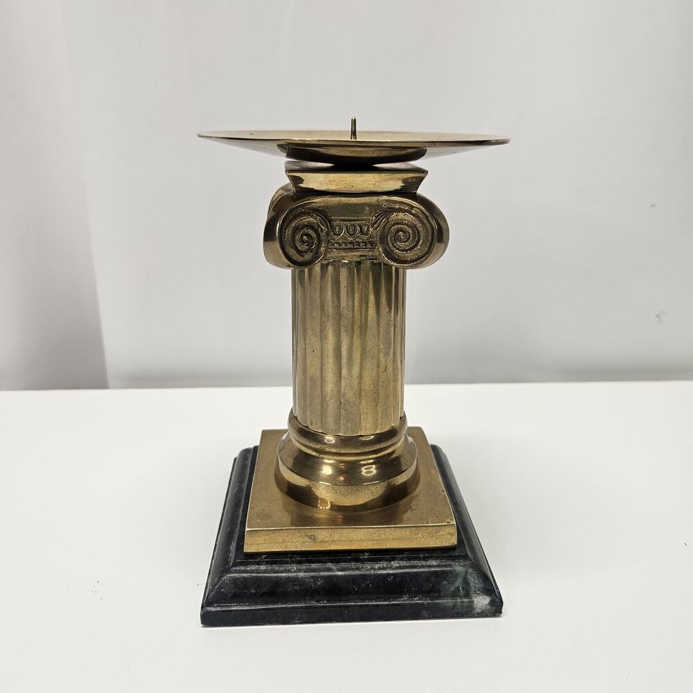 Vintage Mid-Century Modern Heavy Marble Base Brass Column Candle Holder 7"
